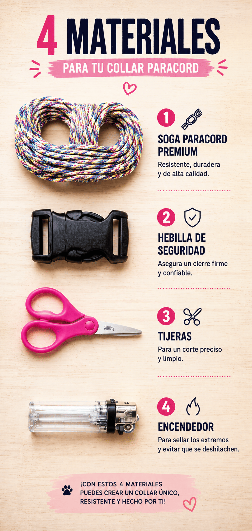 Los 4 materiales para hacer un collar de paracord